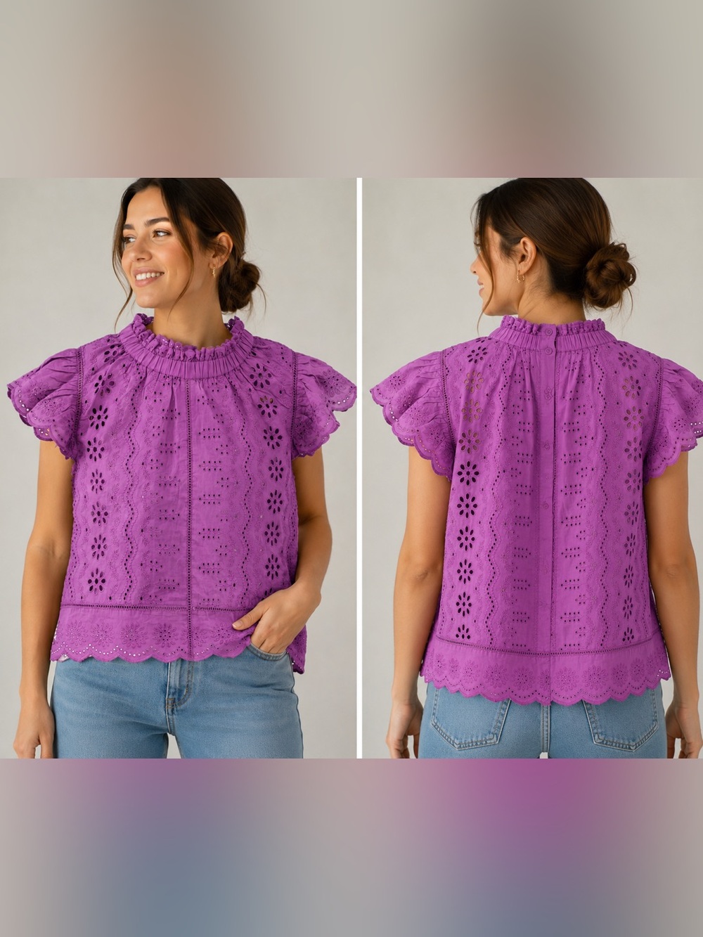 Ruffled Eyelet Mock-Neck Blouse in Purple
